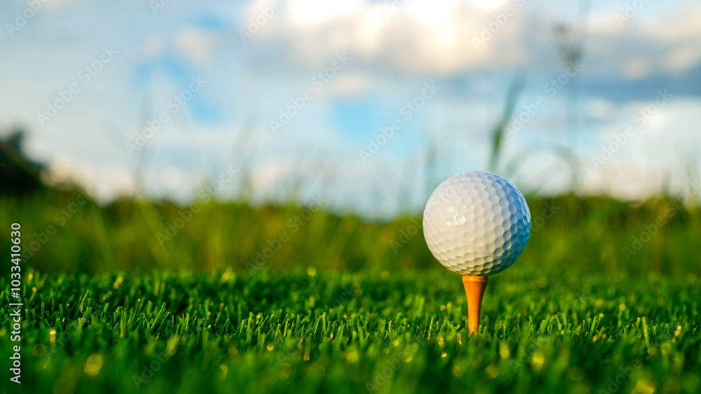 Golf ball on green grass in the evening golf course with sunshine background. Golf ball on green grass in the evening golf course with sunshine background.