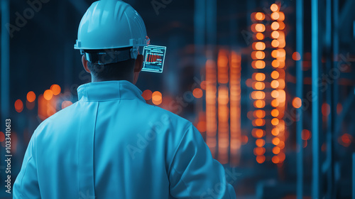 A worker in a white suit and hard hat examines equipment in a factory setting, surrounded by glowing lights and machinery. photo