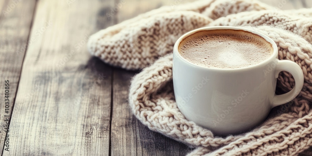Cup of hot coffee with a cozy sweater on the table Cup of hot coffee with a cozy sweater on the table