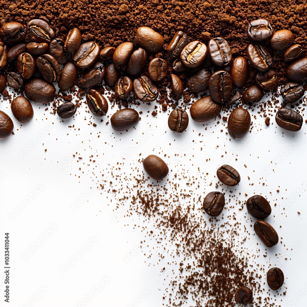 Coffee beans and ground coffee on a white background, highlighting the rich textures and colors of these beloved ingredients. This image captures the essence of coffee culture. Coffee beans and ground coffee on a white background, highlighting the rich textures and colors of these beloved ingredients. This image captures the essence of coffee culture.