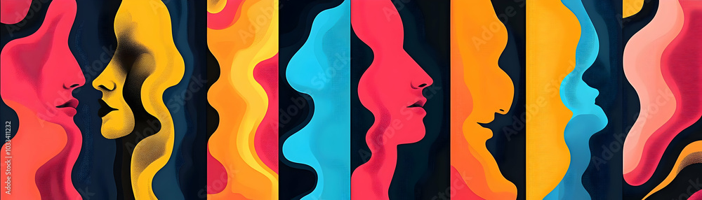 Colorful Abstract Background with Wavy Shapes and Faces Colorful Abstract Background with Wavy Shapes and Faces