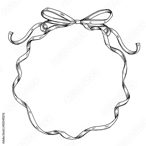 A round wreath with a hand-drawn ribbon and bow frames border the center of this card. The black and white vector illustration provides ample copy space for a personalized greeting or holiday message