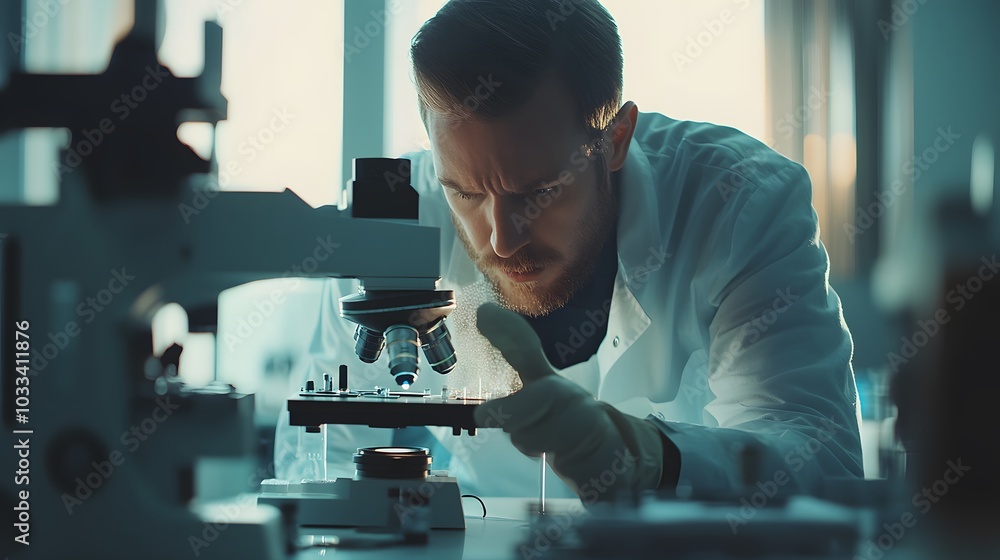 A Scientist Concentrating on a Microscope in a Laboratory A Scientist Concentrating on a Microscope in a Laboratory
