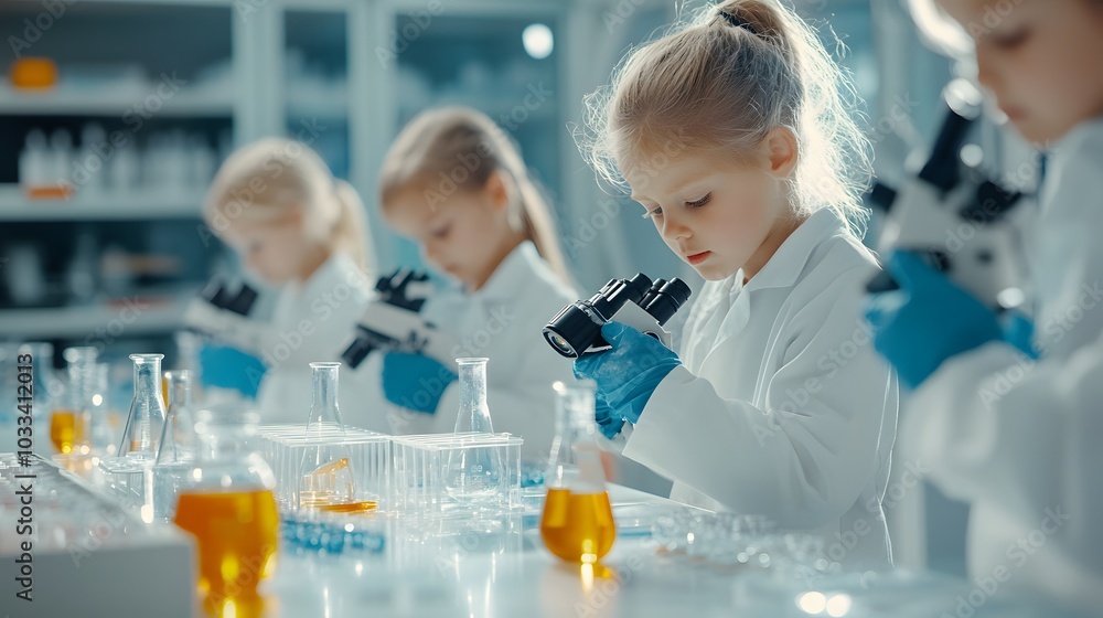 Young Girl Scientist Using a Microscope in a Laboratory Young Girl Scientist Using a Microscope in a Laboratory