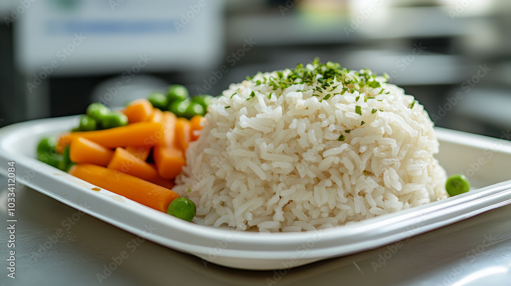 Plate of white rice with carrots and peas garnish on top. Plate of white rice with carrots and peas garnish on top.