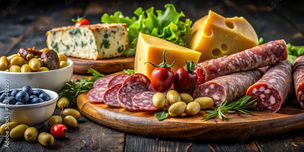 Assorted Sausages and Cheeses with Olives and Fresh Salad on Black Background - Low Light Photography, Gourmet Food, Charcuterie Board, Appetizer Platter, Culinary Delights Assorted Sausages and Cheeses with Olives and Fresh Salad on Black Background - Low Light Photography, Gourmet Food, Charcuterie Board, Appetizer Platter, Culinary Delights