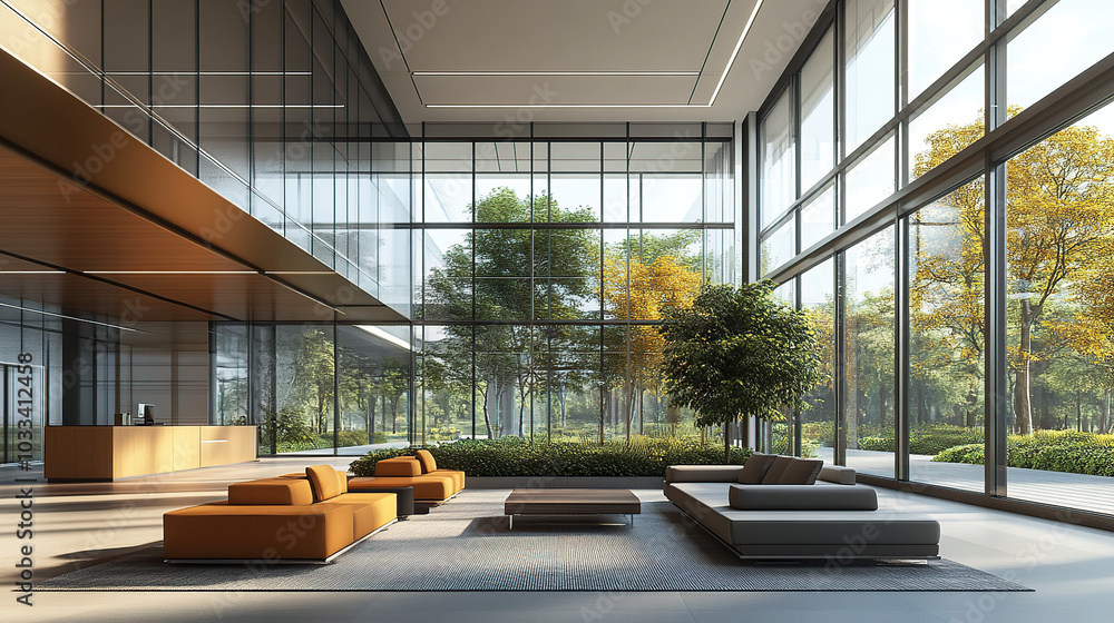 Modern building interior hall, green plant, bright, foyer Modern building interior hall, green plant, bright, foyer