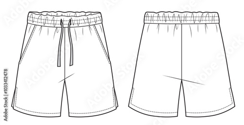 Flat sketch of mens elastic waist drawstring shorts