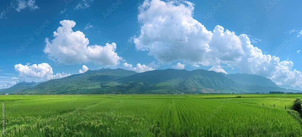Beautiful green rice fields with a blue sky and white clouds in the background, a mountain range in the far distance Beautiful green rice fields with a blue sky and white clouds in the background, a mountain range in the far distance