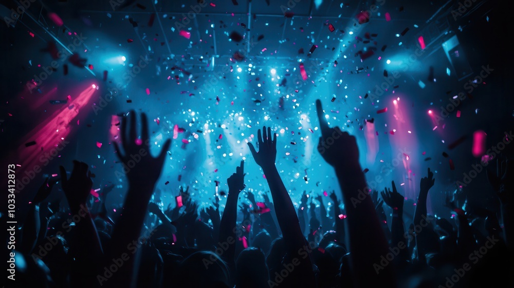 custom made wallpaper toronto digitalVibrant confetti cascades over an energetic crowd dancing at a lively nightclub celebration.