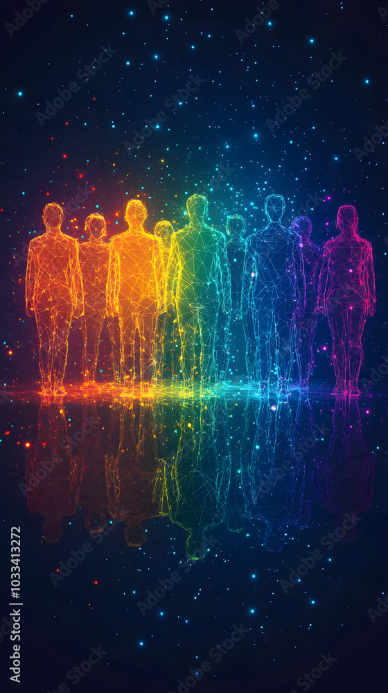 Rainbow Colored Geometric People Standing with Reflection Rainbow Colored Geometric People Standing with Reflection