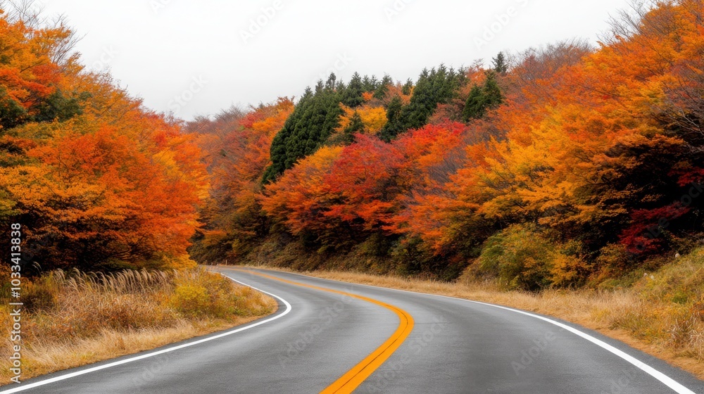 Scenic Autumn Road Surrounded by Colorful Trees Scenic Autumn Road Surrounded by Colorful Trees