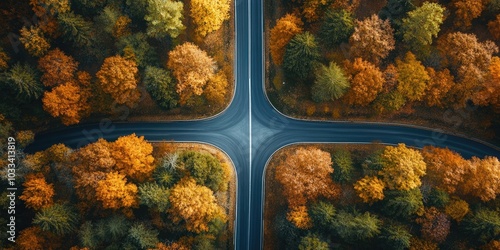 aerial perspective of a highway surrounded by autumn foliage in the forest photo