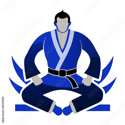 Martial Artist in Seiza: Blue Gi, Black Belt, and Focused Posture 