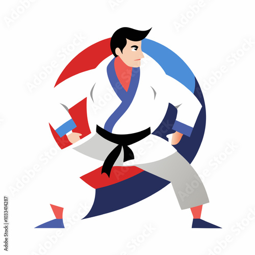 Karate Master in Ready Stance: A focused martial arts expert in a white gi, stands in a powerful ready stance, radiating strength and determination.