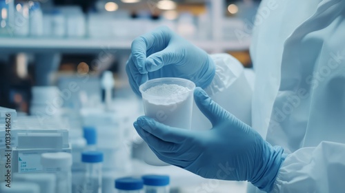 Precision in the Lab: A scientist in a lab coat and blue gloves meticulously examines a substance in a laboratory setting.