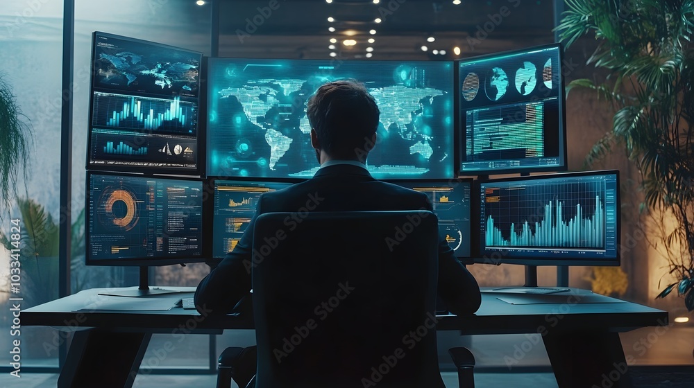 Office with multiple screens showing real-time lead generation metrics, entrepreneur seated with focused look, futuristic and minimal setup Office with multiple screens showing real-time lead generation metrics, entrepreneur seated with focused look, futuristic and minimal setup