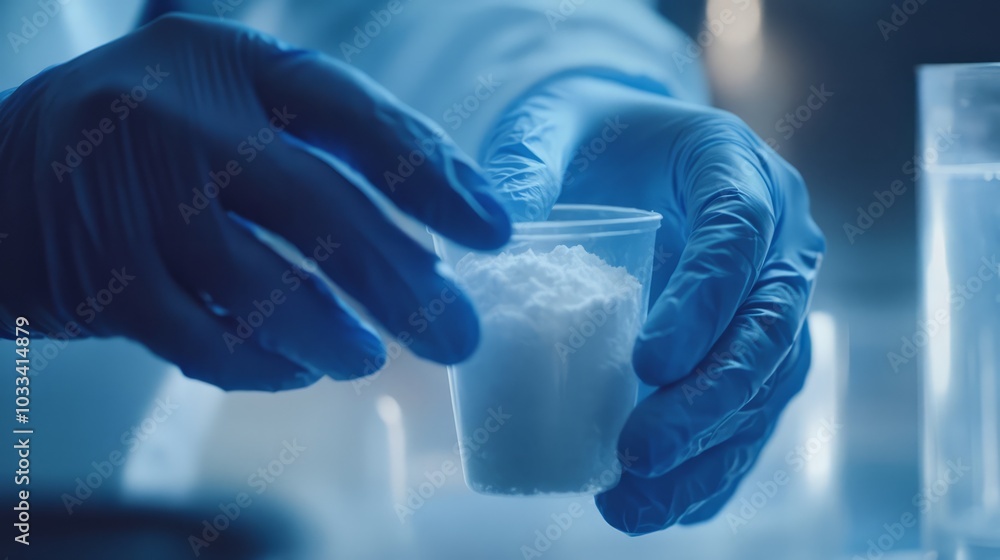Precise Measurement: Scientist's Hands in Blue Gloves Carefully Holding a Sample of White Powder in a Laboratory Setting Precise Measurement: Scientist's Hands in Blue Gloves Carefully Holding a Sample of White Powder in a Laboratory Setting