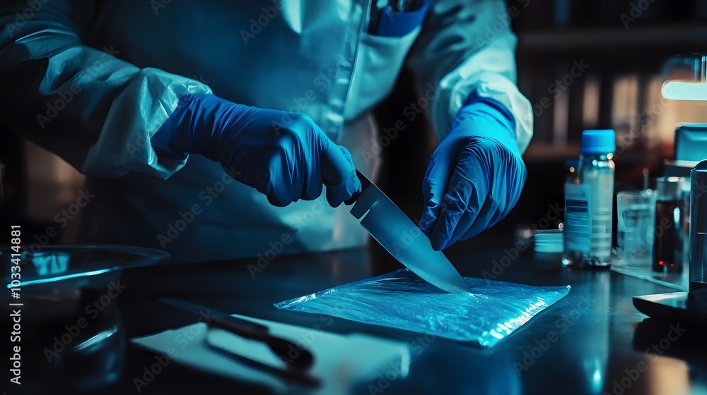 Person in Blue Gloves Using a Knife to Open a Plastic Bag in a Lab Person in Blue Gloves Using a Knife to Open a Plastic Bag in a Lab