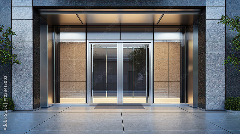 A modern double-door entrance of an office building with a glass and stainless steel frame A modern double-door entrance of an office building with a glass and stainless steel frame