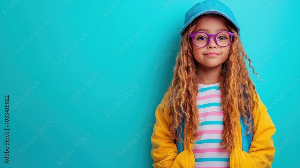 A cheerful girl smiles broadly, dressed in a colorful striped outfit and a turquoise hat, set against a solid turquoise background, showcasing vibrant fashion. A cheerful girl smiles broadly, dressed in a colorful striped outfit and a turquoise hat, set against a solid turquoise background, showcasing vibrant fashion.