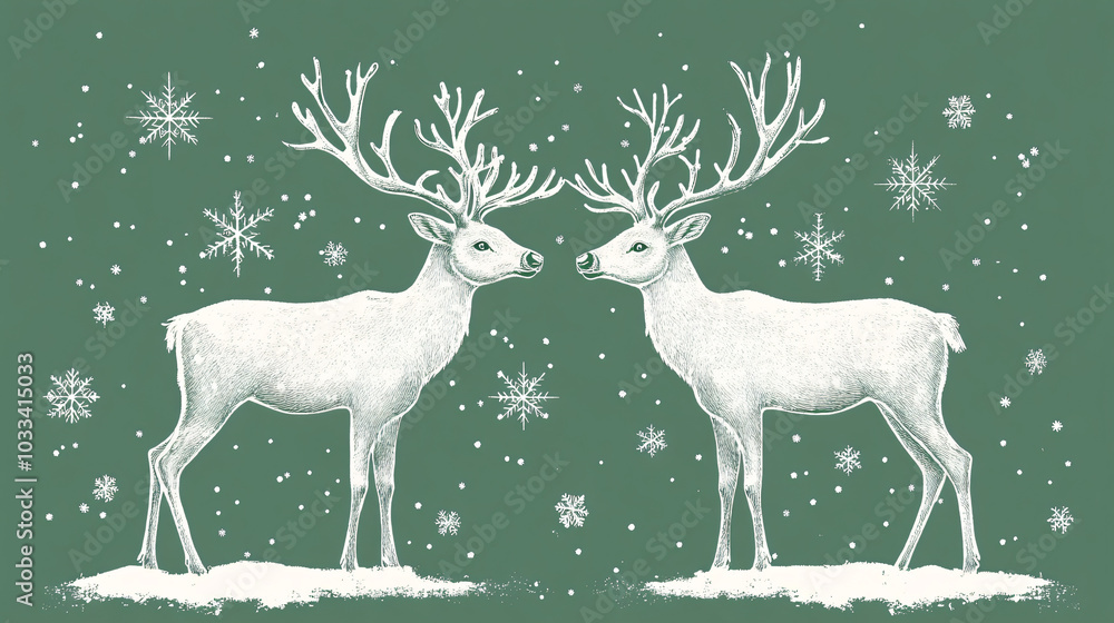 Elegant reindeer with antlers stand facing each other against green background, surrounded by snowflakes. This festive design captures spirit of winter and holiday cheer Elegant reindeer with antlers stand facing each other against green background, surrounded by snowflakes. This festive design captures spirit of winter and holiday cheer