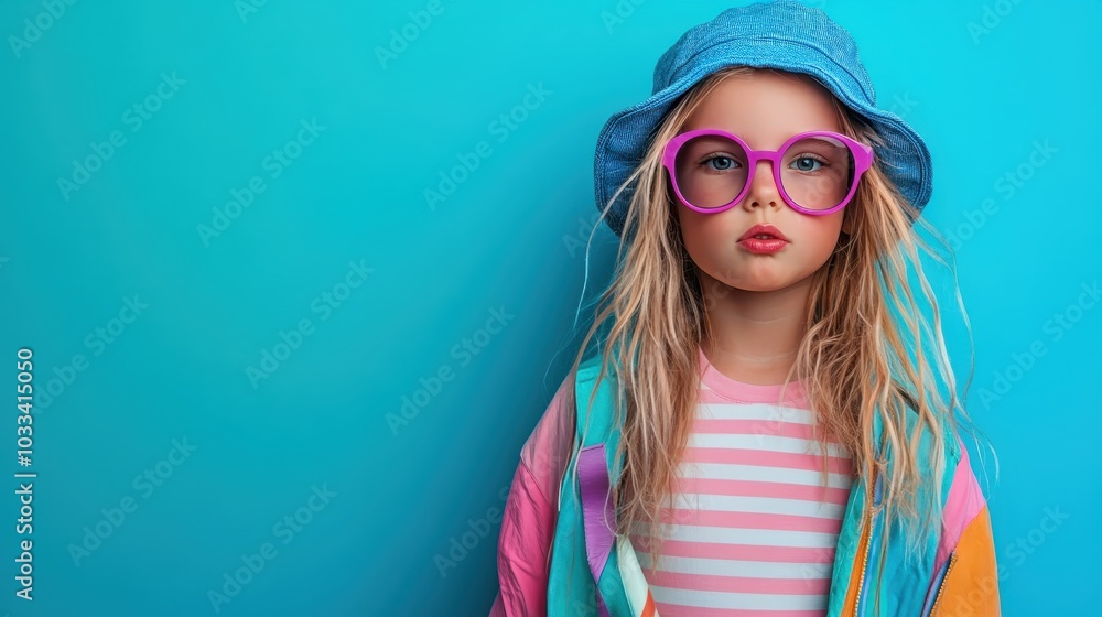 A young child wearing a colorful striped shirt, blue hat, and large purple glasses against a bright turquoise background, looking stylish and playful. A young child wearing a colorful striped shirt, blue hat, and large purple glasses against a bright turquoise background, looking stylish and playful.