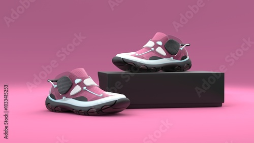 Wallpaper Mural Footwear concept with box package on the pink background. Package design. 3d illustration. Torontodigital.ca