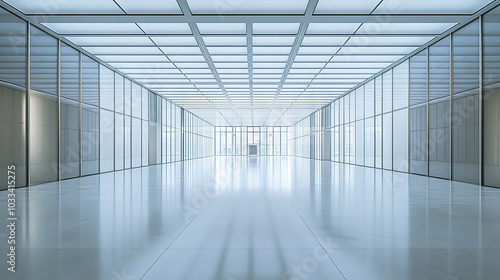 A wide-angle view of an empty modern office building with large windows and white walls