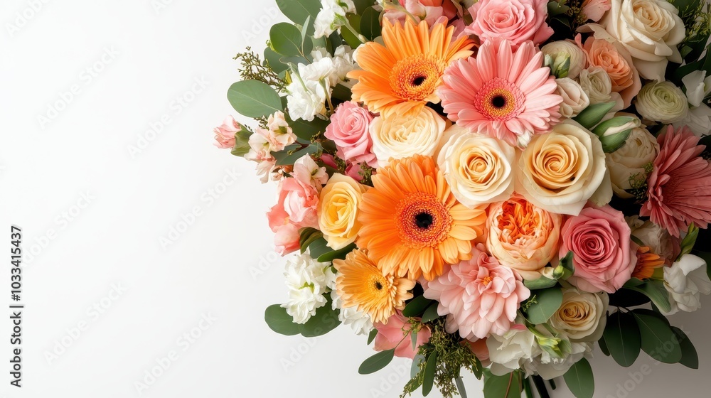 A stunning bouquet featuring pink and orange flowers is delicately arranged against a clean white wall, offering a contrast that enhances the floral beauty and elegance. A stunning bouquet featuring pink and orange flowers is delicately arranged against a clean white wall, offering a contrast that enhances the floral beauty and elegance.