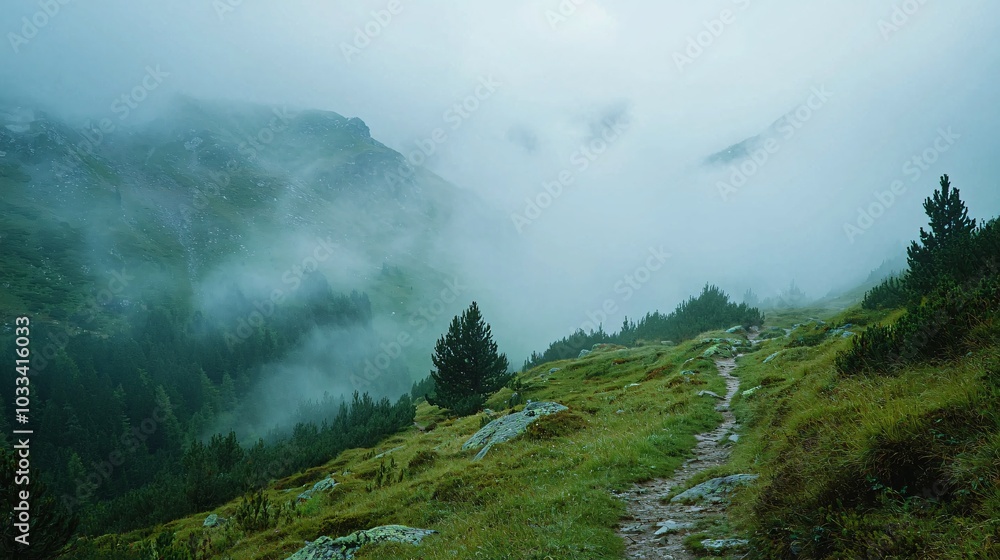 Dense fog rolling over mountains, creating mystical atmosphere Dense fog rolling over mountains, creating mystical atmosphere
