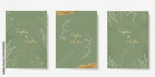 Luxury wedding invitation card vector template. Sage green background with gold foil texture, flower, leaves branches, foliage. Design illustration for vip cover, poster, rsvp modern card.