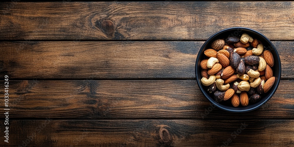 mixed nuts in a bowl on a wooden table, top view with copyspace mixed nuts in a bowl on a wooden table, top view with copyspace