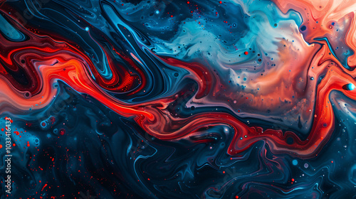 Abstract colorful background with flowing liquid paint, red and blue swirls, artistic texture, creative artwork, vivid colors, artistic expression, dynamic shapes, and intricate details. High resoluti