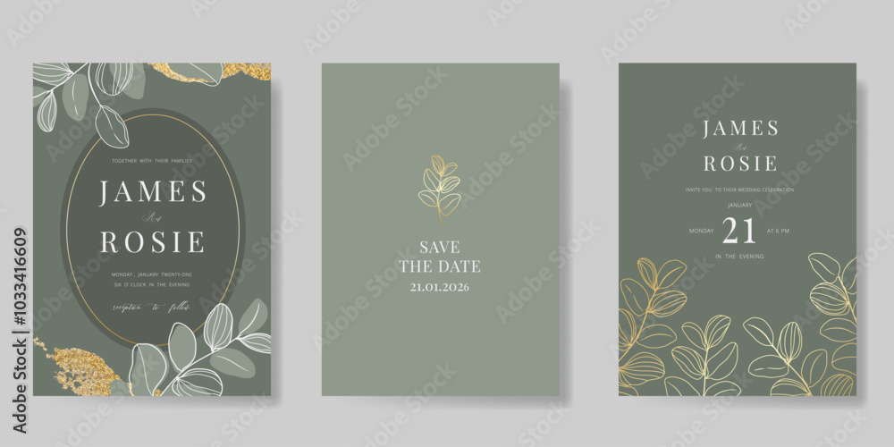 Luxury wedding invitation card vector template. Sage green background with gold foil texture, flower, leaves branches, foliage. Design illustration for vip cover, poster, rsvp modern card. Luxury wedding invitation card vector template. Sage green background with gold foil texture, flower, leaves branches, foliage. Design illustration for vip cover, poster, rsvp modern card.