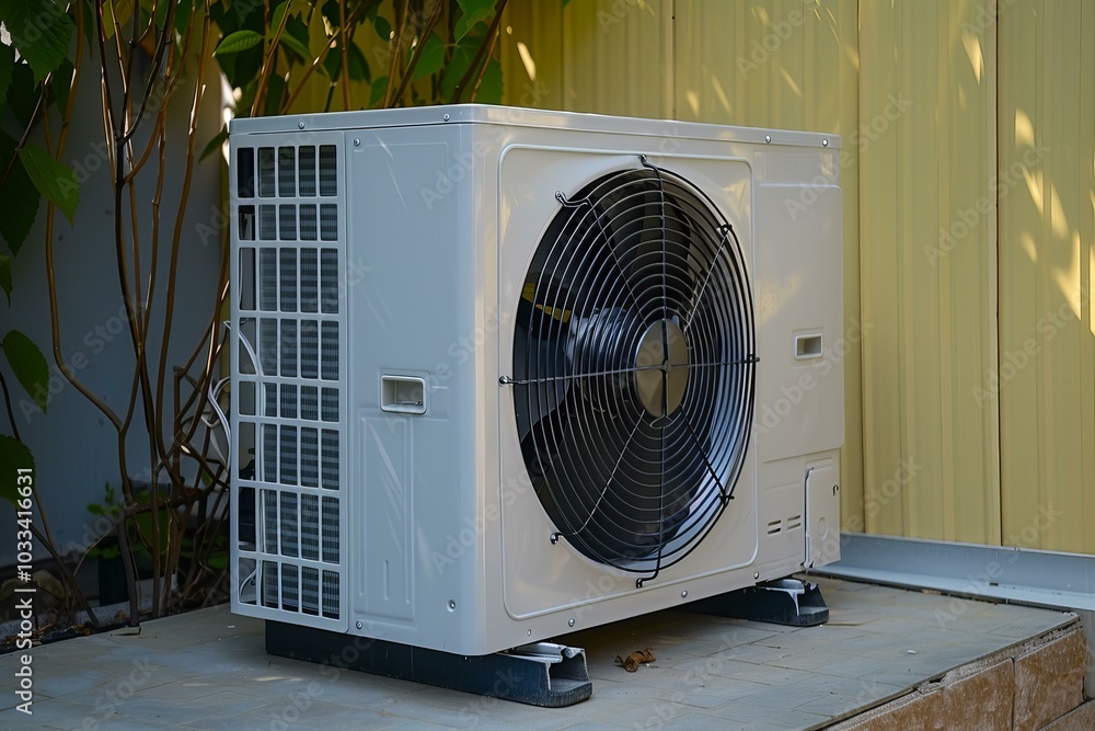 Air conditioner unit is standing on a concrete slab outdoors next to a house Air conditioner unit is standing on a concrete slab outdoors next to a house