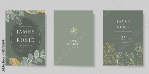 Luxury wedding invitation card vector template. Sage green background with gold foil texture, flower, leaves branches, foliage. Design illustration for vip cover, poster, rsvp modern card.