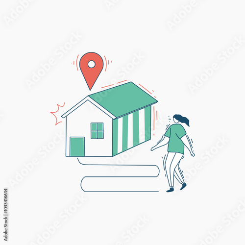 Person Walking Towards a House with a Pinpoint Location Marker