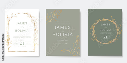 Luxury wedding invitation card vector template. Sage green background with gold foil texture, flower, leaves branches, foliage. Design illustration for vip cover, poster, rsvp modern card.