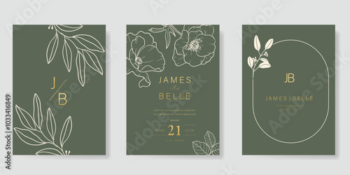 Luxury wedding invitation card vector template. Sage green background with flower, leaves branches, foliage line art. Design illustration for vip cover, poster, rsvp modern card.