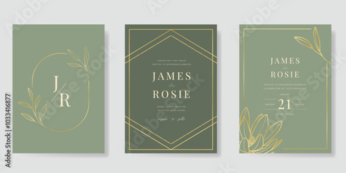 Luxury wedding invitation card vector template. Sage green background with gold line, flower, leaves branches, foliage. Design illustration for vip cover, poster, rsvp modern card.