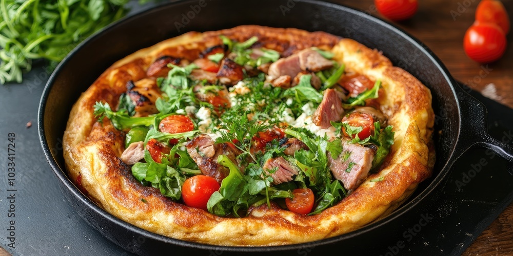 Big Dutch Pancake with BBQ Meat and Vegetables - A classic Dutch lunch featuring greens, chicken, meat, peppers, and tomatoes. Big Dutch Pancake with BBQ Meat and Vegetables - A classic Dutch lunch featuring greens, chicken, meat, peppers, and tomatoes.