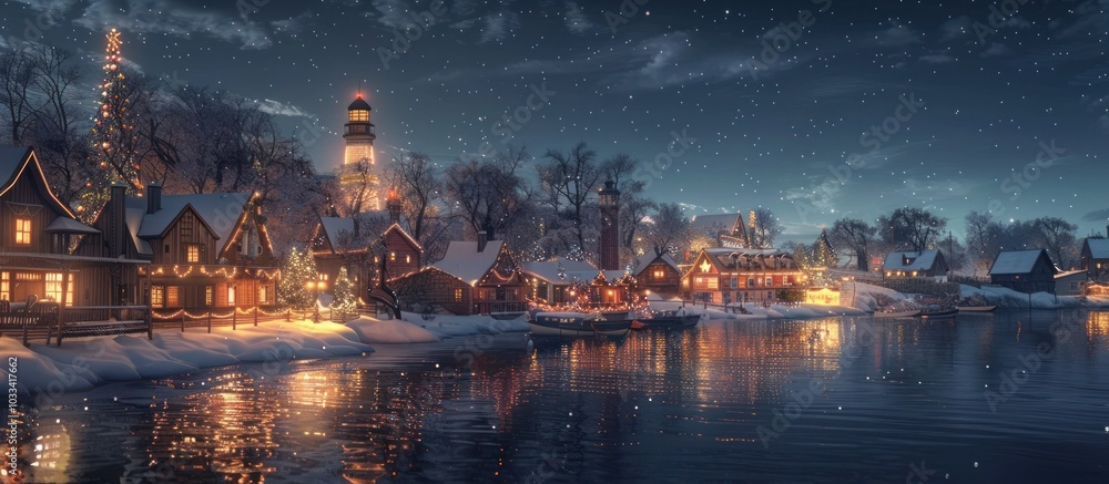 Fototapeta premium A charming and quaint winter wonderland village nestled in a snowy landscape with twinkling lights illuminating the cozy cottages churches and cabins reflected in the tranquil frozen lake