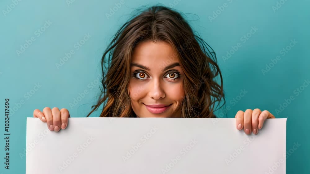 Smiling woman holds a blank sign against a bright blue background in a casual setting, showcasing a friendly expression and inviting atmosphere Smiling woman holds a blank sign against a bright blue background in a casual setting, showcasing a friendly expression and inviting atmosphere