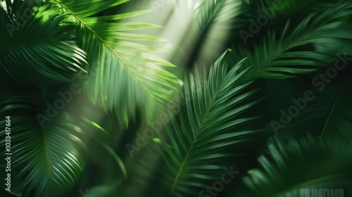 The image depicts lush tropical leaves bathed in natural sunlight, showcasing the beauty and vibrance of the rainforest with an artistic touch of tranquility. photo