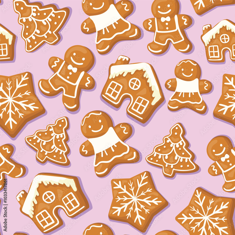 Winter seamless patterns with gingerbread cookies. Awesome holiday vector pink background.