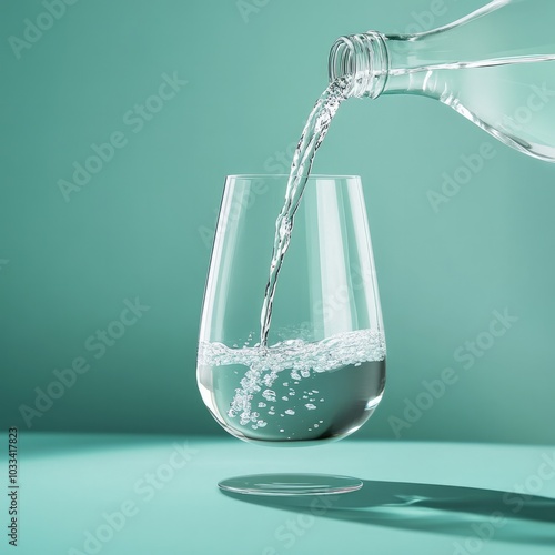 Clear water being poured into a modern designed glass against solid background