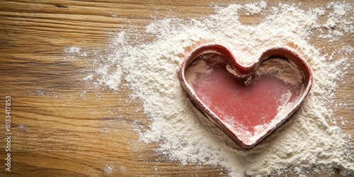 Heart-shaped cookie cutter on the kitchen table with flour. Flat lay. Copy space. photo