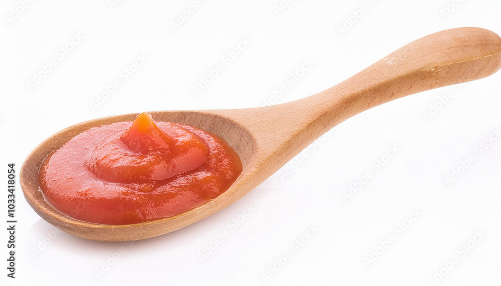 Wooden spoon full of tomato sauce with fresh basil isolated on white background. ai generated Wooden spoon full of tomato sauce with fresh basil isolated on white background. ai generated