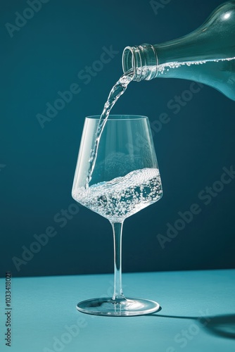 Clear water being poured into a modern designed glass against solid background